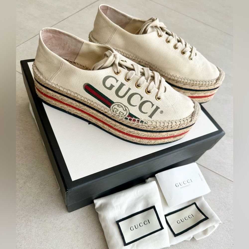 Gucci Cream Canvas Logo Lace-Up Platform Espadrilles Sz 38.5 Collapsible Heels - Picture 3 of 10